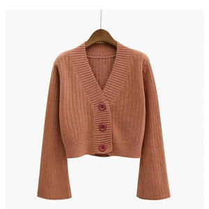 Elegance Cardigan Autumn Long Flare Sleeve Short Sweater Women Ribbed Knitted Cotton Tops Black White Ladies Soft Outwear Female