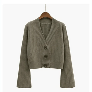 Elegance Cardigan Autumn Long Flare Sleeve Short Sweater Women Ribbed Knitted Cotton Tops Black White Ladies Soft Outwear Female