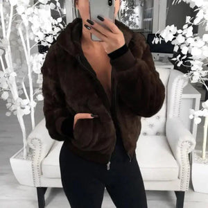 Elegance Faux Fur Women Coat With Hood High Waist Fashion Slim Black /Red /Pink Faux Fur Jacket Fake Rabbit Fur Coats