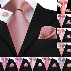 Elegant Pink Silk  Necktie Pocket Square Cufflinks Set Elegant Men's Fashion Wedding Ties For Men And Daily Wear Ties