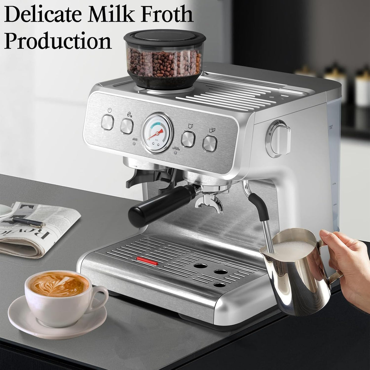 Espresso Machine ,Semi-Automatic Coffee Maker with Bean Grinder and Milk Frother Steam Wand CM8050