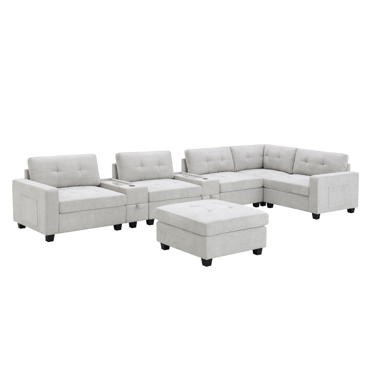 Sectional With Acrylic Table Top U Shaped Couch Set With 2 Consoles USB Charger, Storage Drawers And Pockets Movable Ottoman Tufted Sofa by Couch.com
