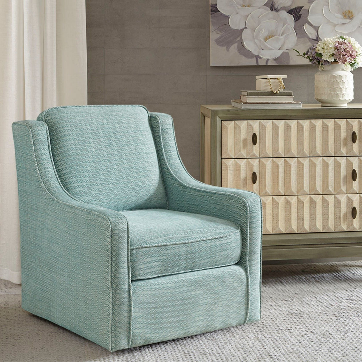 Swivel Chair With Foam Cushion / Black Metal Swivel - Dusty Aqua Chenille by Couch.com