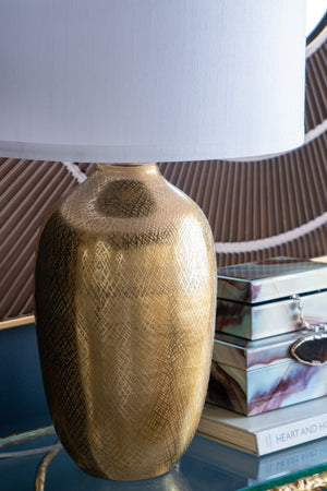 D18x31" Round Aluminum Sheet Gold Table Lamp with White Fabric Shade