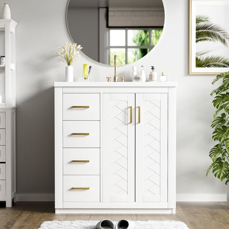 The bathroom features a Ceramic Sink Combo Freestanding Vanity Set with gold handles and chevron cabinet doors, topped by a round mirror. A potted plant, few toiletries, and a window's reflection complete the scene.