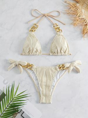 Bikini Ruched Texture Golden Chain 2 Piece Triangle Swimsuit for Women – Striped Halter Bikini Set with Bow Tie Side and Elegant Ring Link Detail – Stretchy Beachwear for Pool Bathing and Summer Vacations