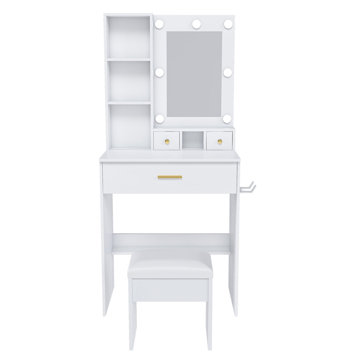White Vanity Table with Mirror, Adjustable LED Lights, Power Outlet, Hairdryer Holder & Stool – Compact Dressing Desk for Small Bedrooms