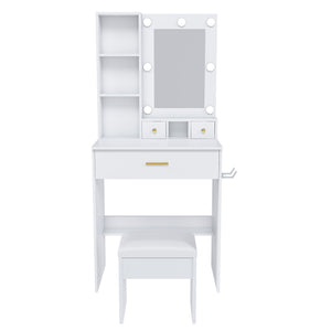 White Vanity Table with Mirror, Adjustable LED Lights, Power Outlet, Hairdryer Holder & Stool – Compact Dressing Desk for Small Bedrooms