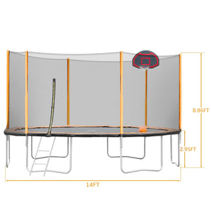 14Ft Powder-Coated Advanced Trampoline With Basketball Hoop Inflator And Ladder (Outer Safety Enclosure) - Orange by Couch.com
