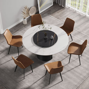 Modern Artificial Stone Round Carbon Steel Base Dining Table, Can Accommodate 6 People, Black Artificial Stone Turntable by Couch.com