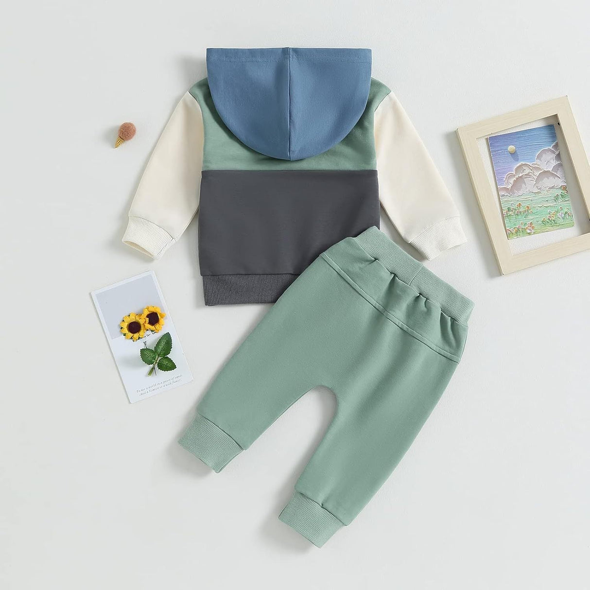 Color Contrast Patchwork Pocket Hooded Sweater Children Fashion Casual Set