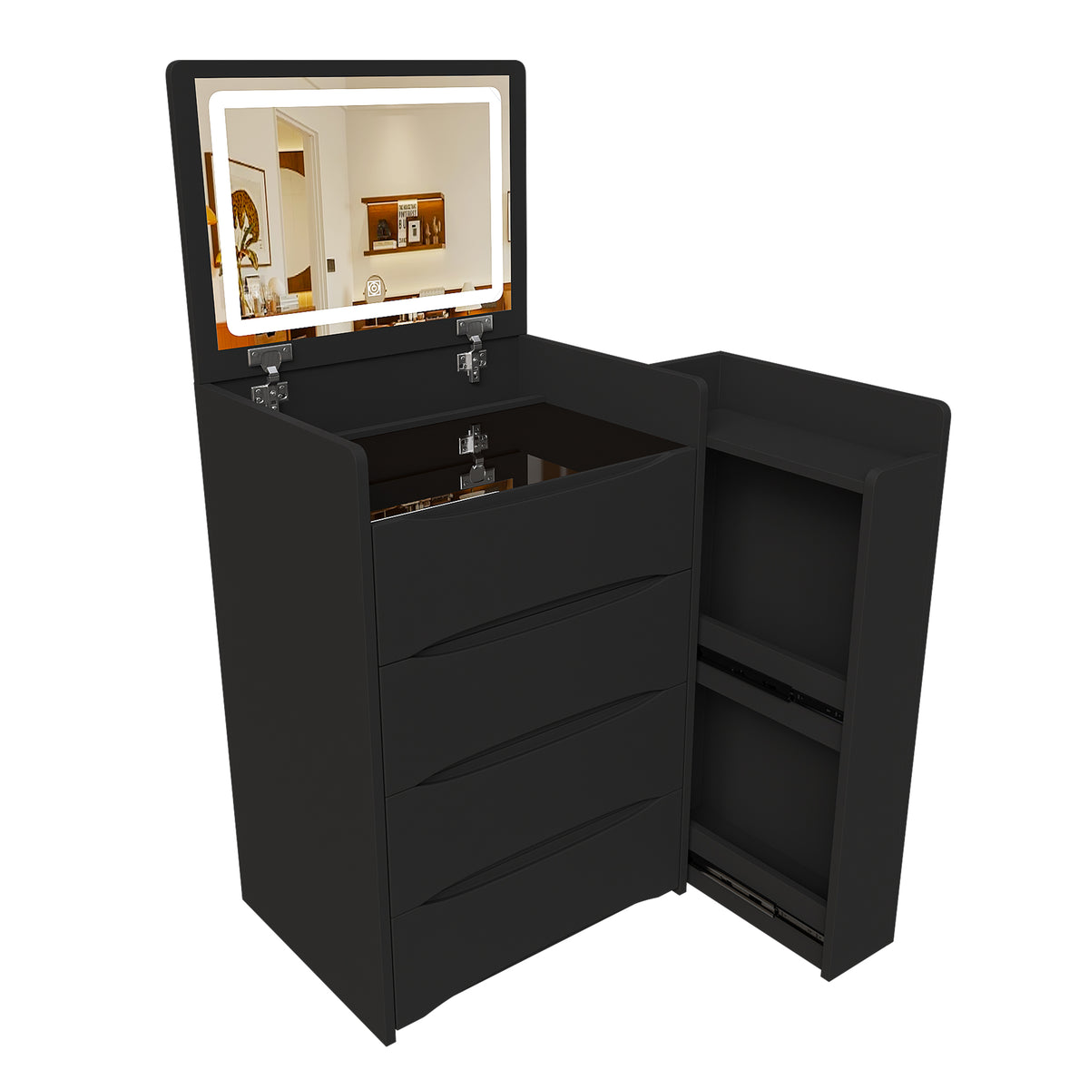 3-in-1 Flip Mirror Vanity Desk with Adjustable LED Lights, Black MDF Makeup Table with Storage Tray & Stool for Bedroom