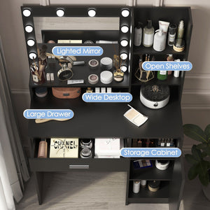 Vanity Desk With Mirror & Light, Large Drawer Three Level Storage Dresser, 3 Lighting Modes Adjustable Brightness, Bedroom Dressing Table by Couch.com