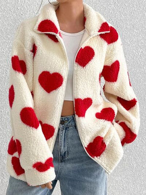 Cute Heart Zip Up Drop Shoulder Furry Jacket Cozy & Trendy Cold-Weather Essential Warm Soft Winter Jacket For Your Girl