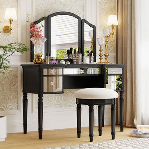 Dressing Table Set With Mirrored Drawers And Stool, Tri-Fold Mirror, Makeup Vanity Set For Bedroom by Couch.com
