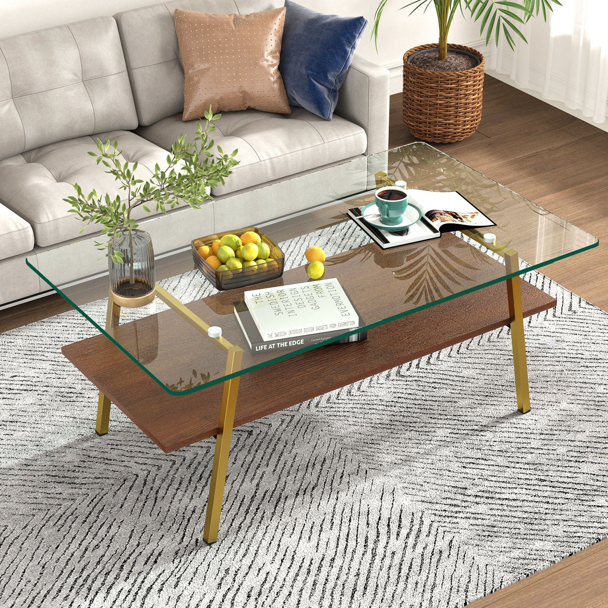 Rectangle Coffee Table, Tempered Glass Tabletop With Metal Legs, Modern Table For Living Room by Couch.com