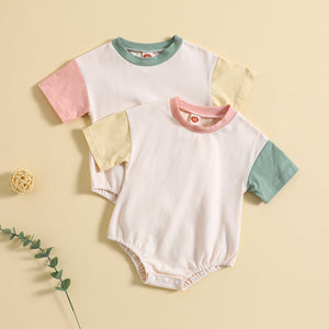 Baby Solid Color Stitching Romper Short Sleeve