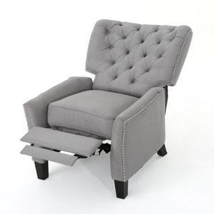 A Modern Push Back Recliner in gray features a tufted backrest, studded detailing, extended footrest, and dark wooden legs.