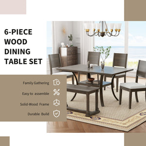 The dining room features the Topmax 6-piece wood dining set with a table, four chairs, and a bench. Key attributes are its storage shelf, easy assembly, solid wood frame, and durability. The space also includes a chandelier, sideboard, and a large window allowing natural light.