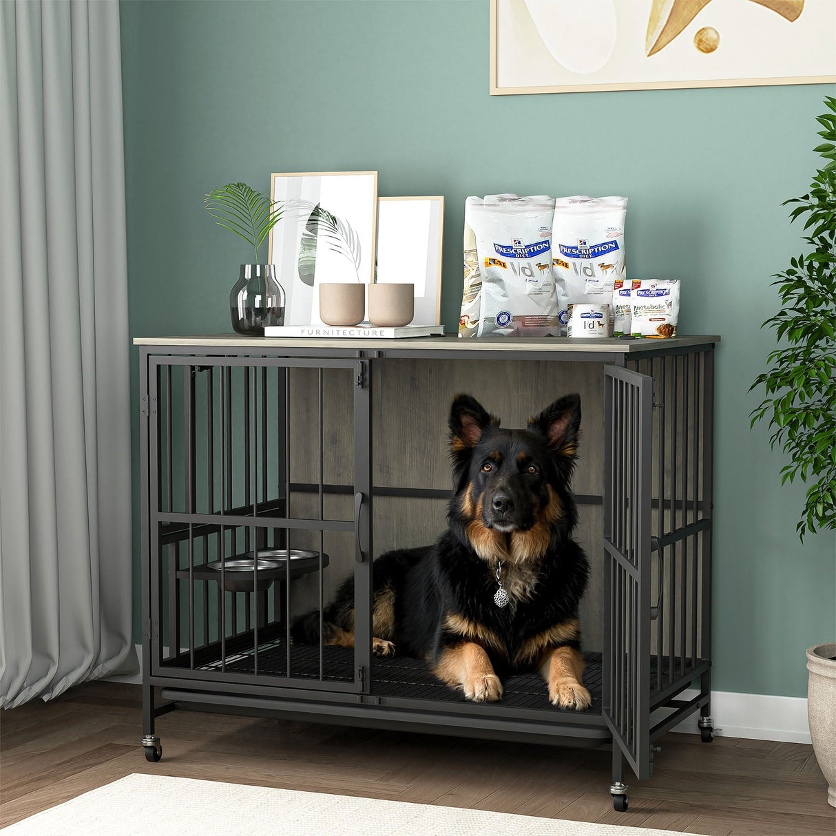 Modern Kennel Dogs Room Up To 80 Lb, Dog Crate Furniture With Multi-Purpose Rremovable Ttray, Double-Door Dog House, Lift Panel, 360 Degree Rotation, 3 Height Adjustable Feeding Bowls by Couch.com