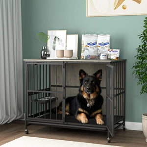 Modern Kennel Dogs Room Up To 80 Lb, Dog Crate Furniture With Multi-Purpose Rremovable Ttray, Double-Door Dog House, Lift Panel, 360 Degree Rotation, 3 Height Adjustable Feeding Bowls by Couch.com