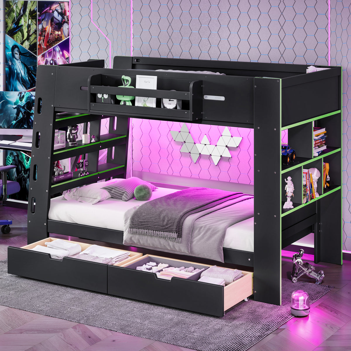 Twin Over Twin Bunk Bed with LED Lights, Bookcase Headboard & Storage Drawers, Space-Saving Bunk Bed Frame with Built-in Shelves & Guardrail for Bedroom Apartment, Black