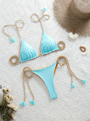 New Festival Flame Halter Bikini Set for Women – Triangle V-Neck Backless Two-Piece Swimsuit with Tie Side Bottoms & Adjustable Lace-Up Fit – Sleek Polyamide Swimwear for Koningsdag/King’s Day & Summer Beach Celebrations