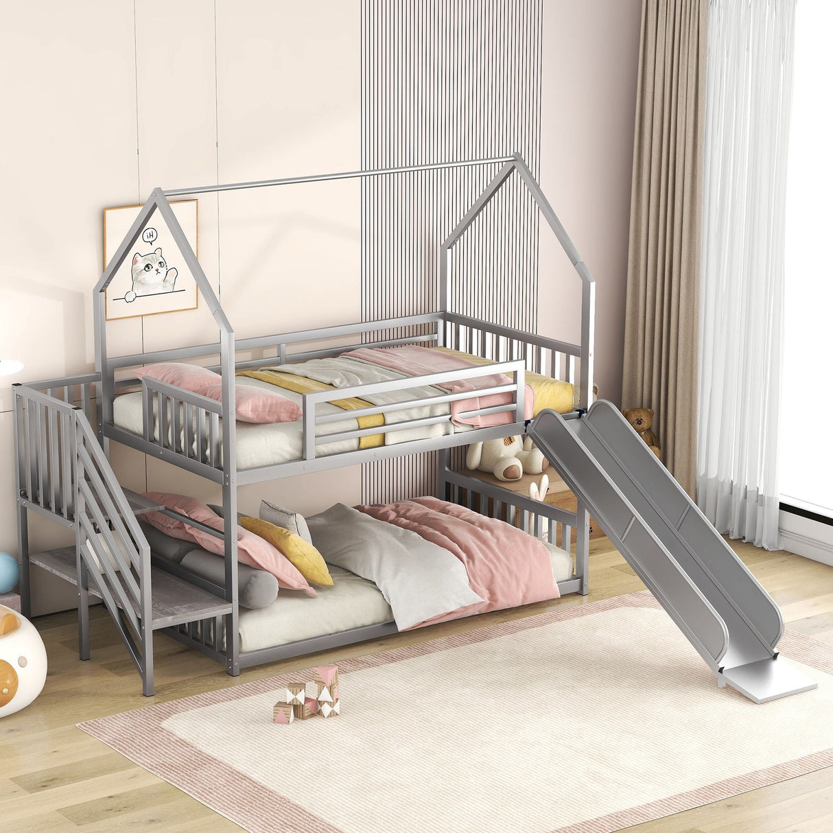 Twin Over Twin Metal Bunk Bed House Bed With Slide And Staircase by Couch.com