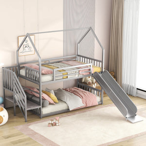 Twin Over Twin Metal Bunk Bed House Bed With Slide And Staircase by Couch.com