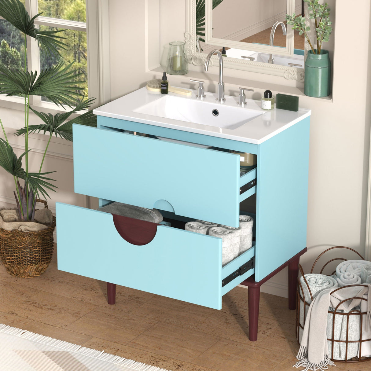 Bathroom Vanity Cabinet With Ceramic Sink Combo Set, Frame Modern Bathroom Storage Cabinet With 2 Drawers - Blue by Couch.com