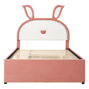 Upholstered Platform Bed With Trundle And 3 Drawers, Rabbit-Shaped Headboard With Embedded LED Lights by Couch.com