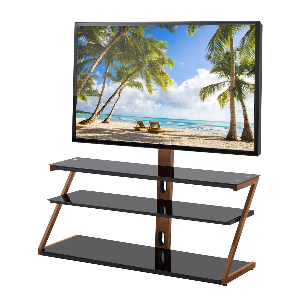 Tempered Glass Height Adjustable Universal Swivel Glass Floor Media Storage Stand With Mount Heat-Transferred Printing Metal Tube, Walnut / Black - Walnut / Black by Couch.com