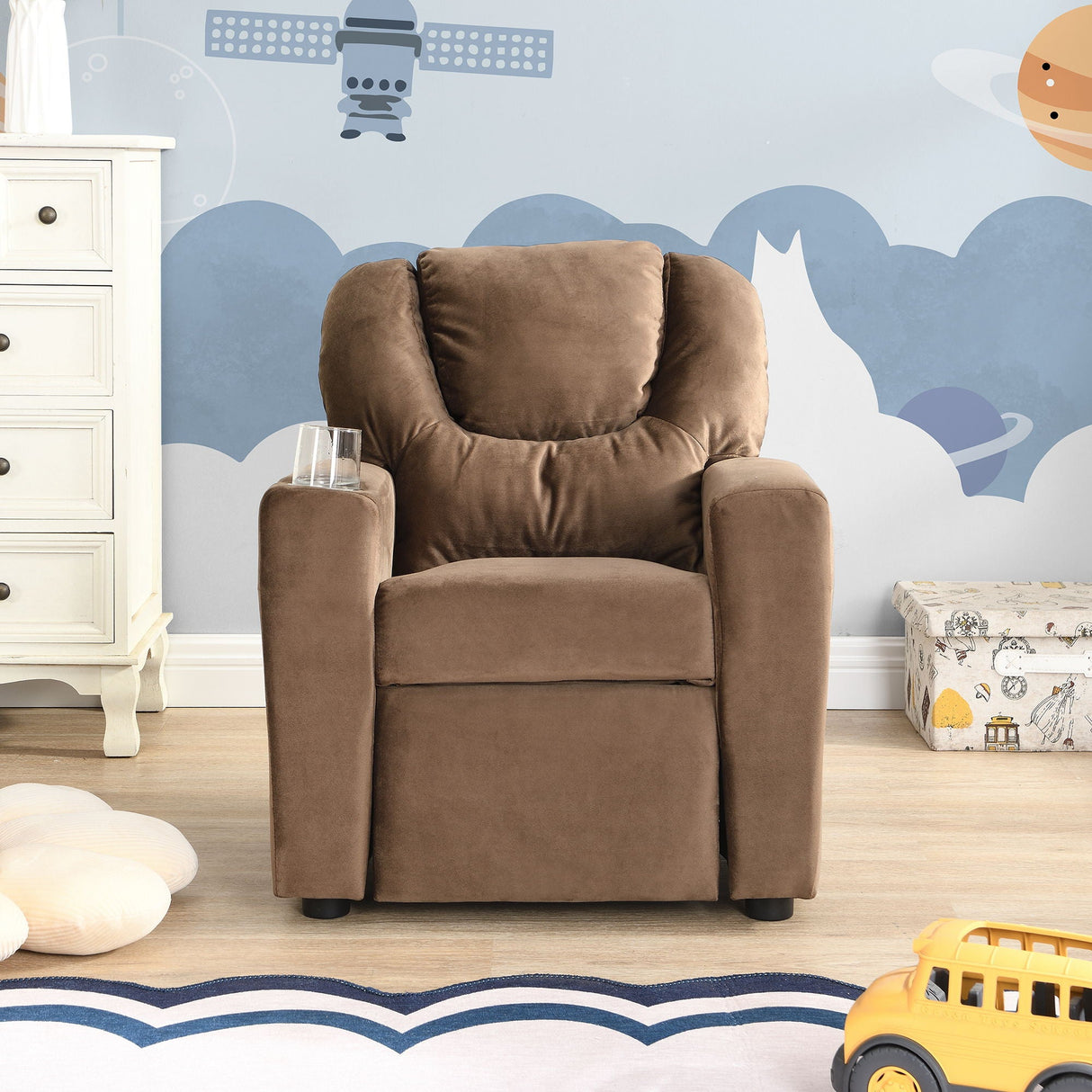 Kids Recliner Chair, Kids Upholstered Couch With One Cup Holder, Toddlers Recliner With Headrest And Footrest - Brown by Couch.com