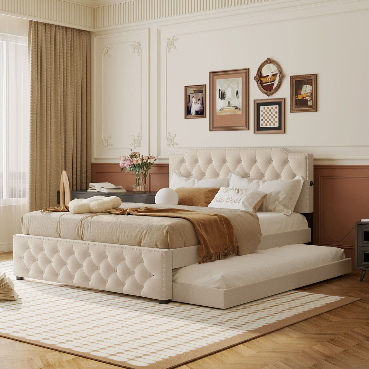 Upholstered Platform Bed With Trundle And 2 Sets Of USB Ports On Each Side, Fabric