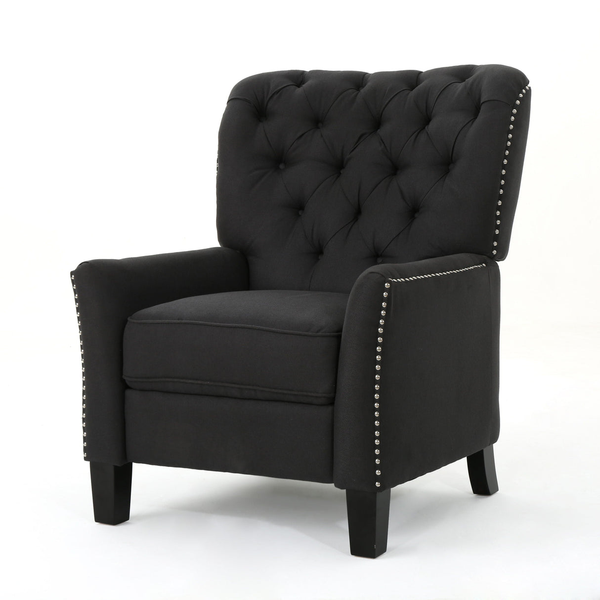 The Modern Push Back Recliner has black upholstery with a tufted backrest and nailhead trim. It boasts plush cushioning and dark wooden legs for a classic, elegant appearance.