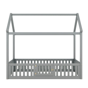 Wood House Bed With Fence And Door