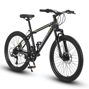 S24102 24 Inch Mountain Bike Boys Girls, Steel Frame, Shimano 21 Speed Mountain Bicycle with Daul Disc Brakes and Front Suspension MTB