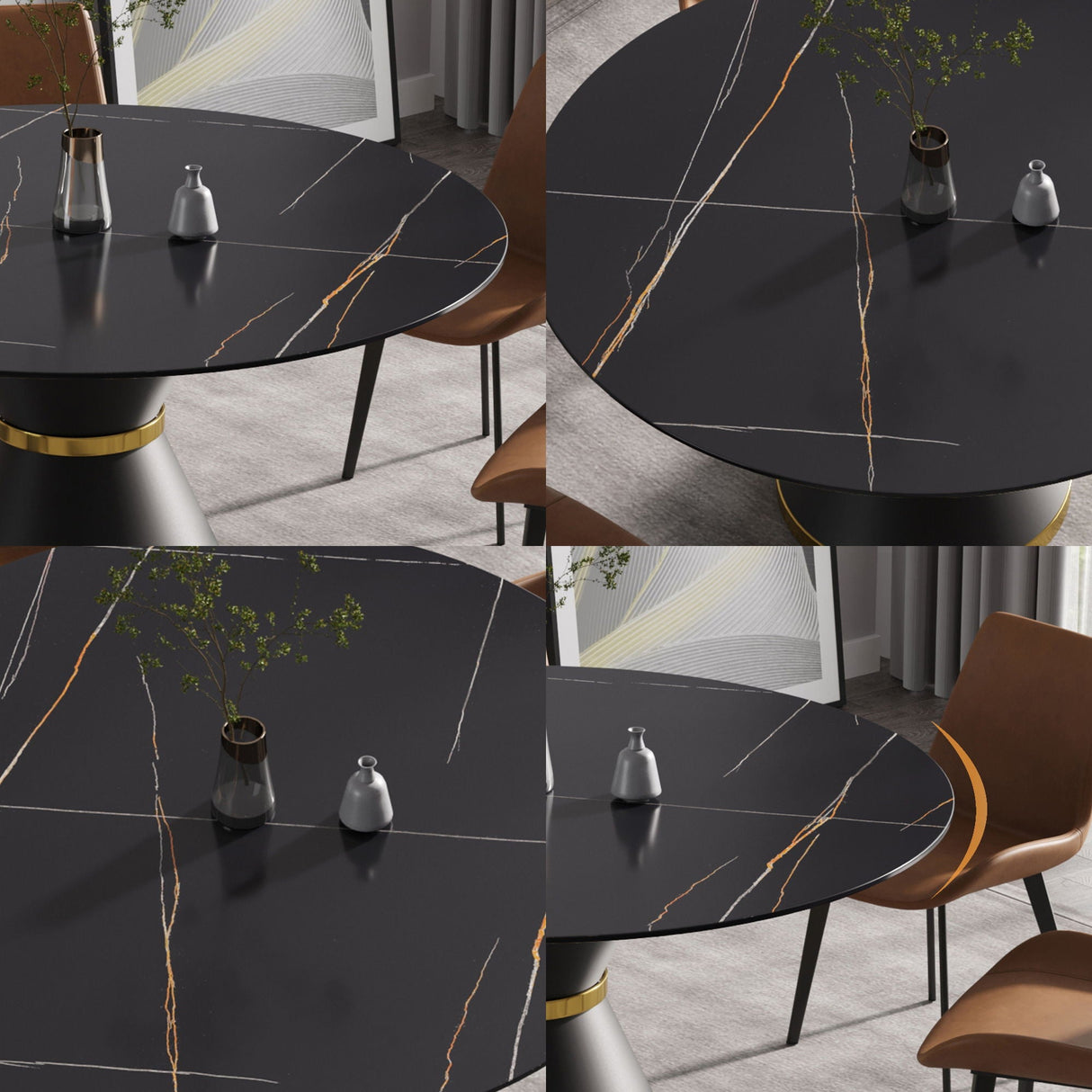 59.05" Modern Artificial Stone Round Black Carbon Steel Base Dining Table, Can Accommodate 6 People - Black by Couch.com