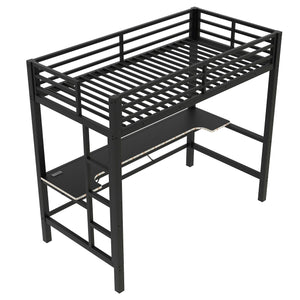 Twin Size Gaming Metal Loft Bed Frame With LED Light And Desk - Black by Couch.com