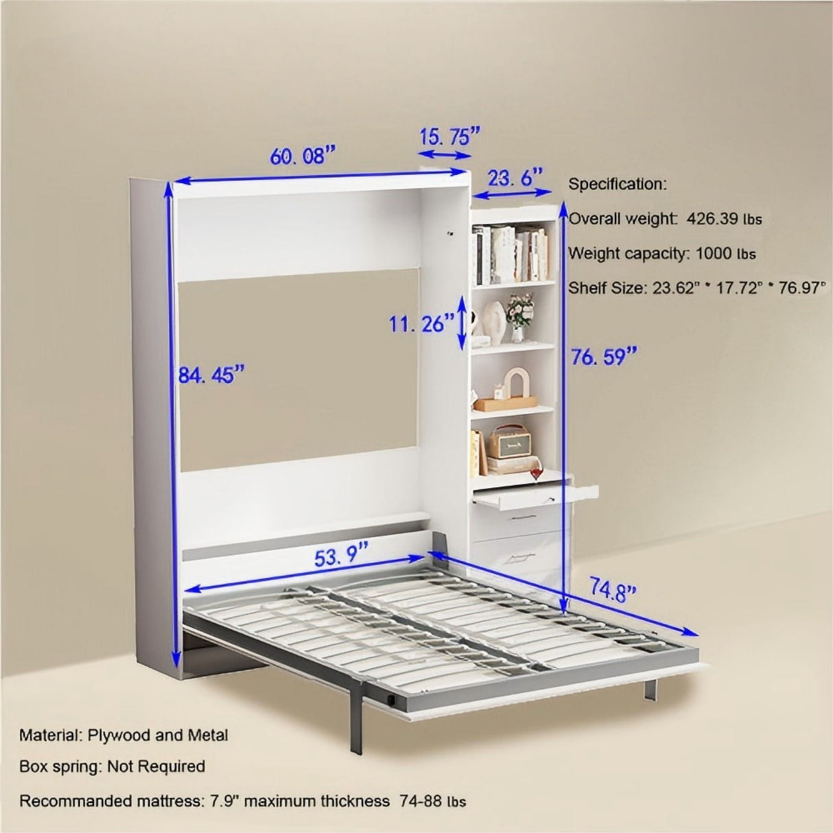 Morden Deisgn Vertical Murphy Bed With Shelf And Drawers For Bedroom Or Guestroom Wall Bed Space Saving Hidden Bed With New Style Gas Struts by Couch.com