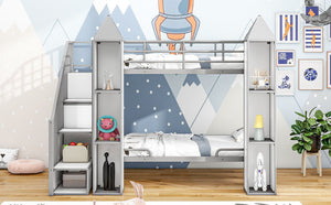 Metal Twin Over Twin Castle-Shaped Bunk Bed With Wardrobe And Multiple Storage - Gray / White by Couch.com
