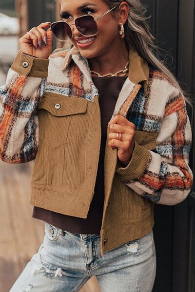Plaid Corduroy Flap Pockets Button Up Jacket Trendy Outerwear With Classic Flap Pockets For Casual Comfort