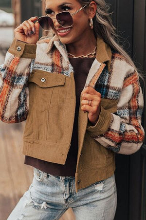 Plaid Corduroy Flap Pockets Button Up Jacket Trendy Outerwear With Classic Flap Pockets For Casual Comfort