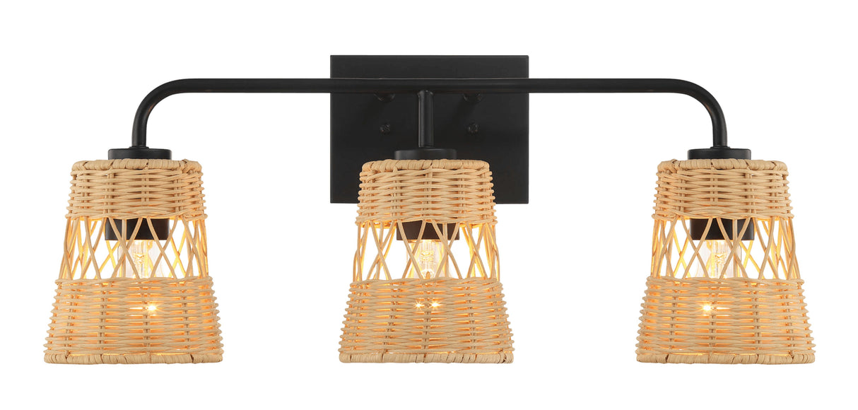 The Moonlit 3 Lights Wall Sconce features a black metal base and arm contrasting with three wicker basket-style rattan shades, each housing a visible bulb, perfect for adding natural texture over a bathroom mirror.