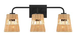 The Moonlit 3 Lights Wall Sconce features a black metal base and arm contrasting with three wicker basket-style rattan shades, each housing a visible bulb, perfect for adding natural texture over a bathroom mirror.