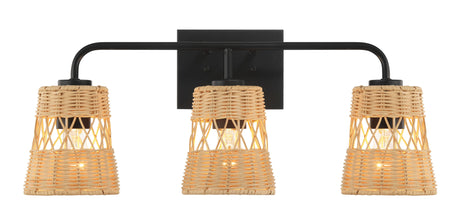 The Moonlit 3 Lights Wall Sconce features a black metal base and arm contrasting with three wicker basket-style rattan shades, each housing a visible bulb, perfect for adding natural texture over a bathroom mirror.