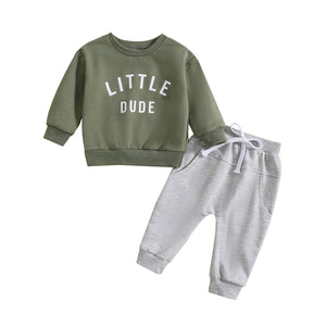 Boys' Round Neck Letter Print Top Solid Color Trousers Two-piece Set