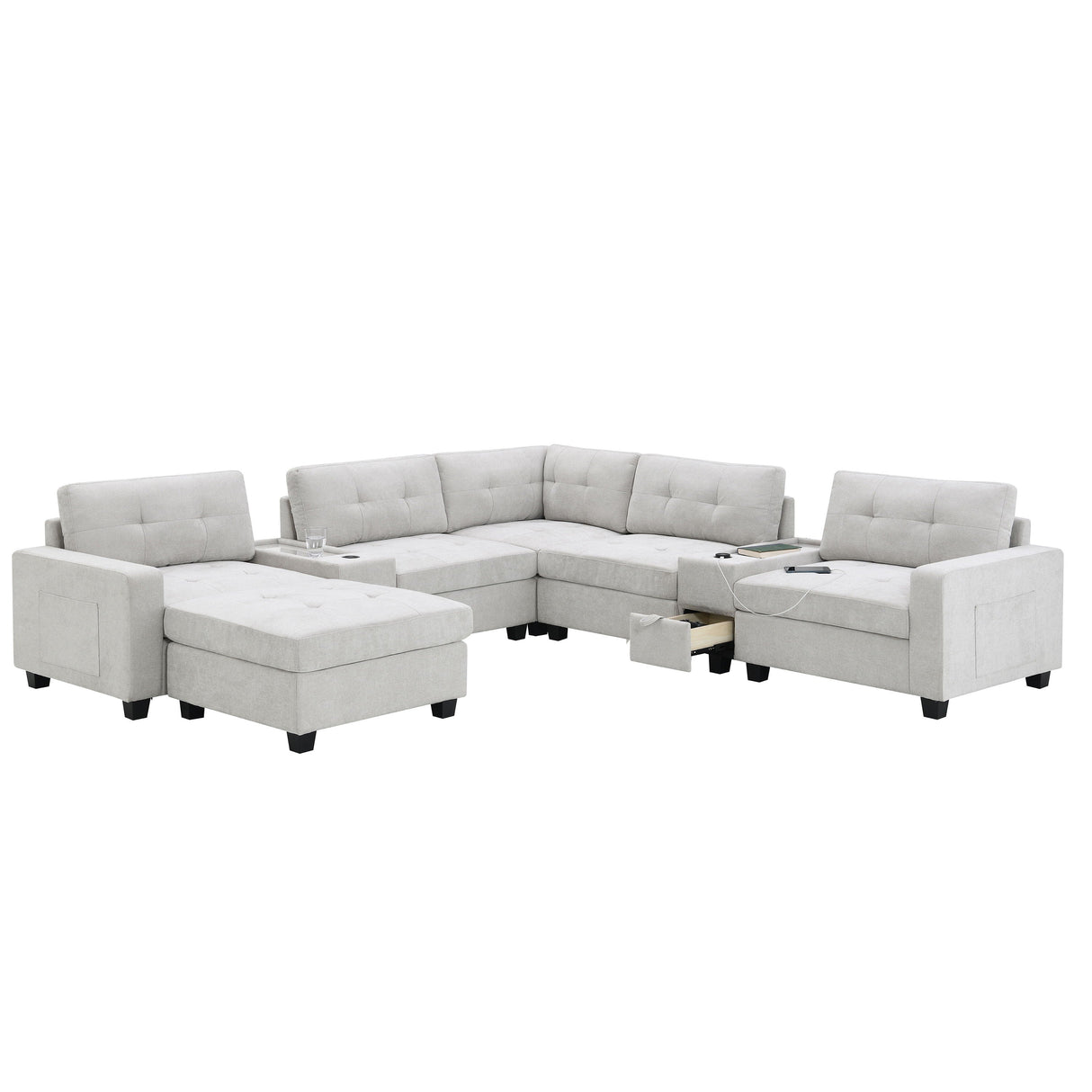 Sectional With Acrylic Table Top U Shaped Couch Set With 2 Consoles USB Charger, Storage Drawers And Pockets Movable Ottoman Tufted Sofa by Couch.com