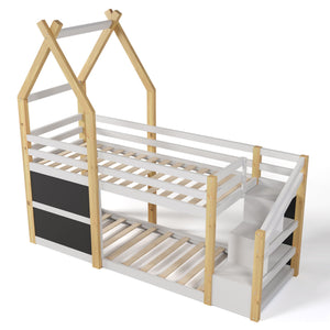Twin Over Twin House Bunk Bed With White Storage Staircase And 2 Blackboards - White / Natural by Couch.com