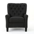 The Modern Push Back Recliner is a black tufted armchair featuring a high backrest, cushioned seat, and studded detailing along the arms. It has black wooden legs and is set against a plain white background.